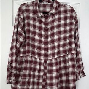 American Eagle Burgundy Plaid Button Down Babydoll Flannel